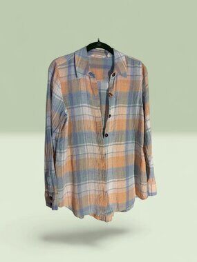 Soft Surroundings Rainbow Row Pastel Color Linen Plaid Button Down Tunic Sz XS
